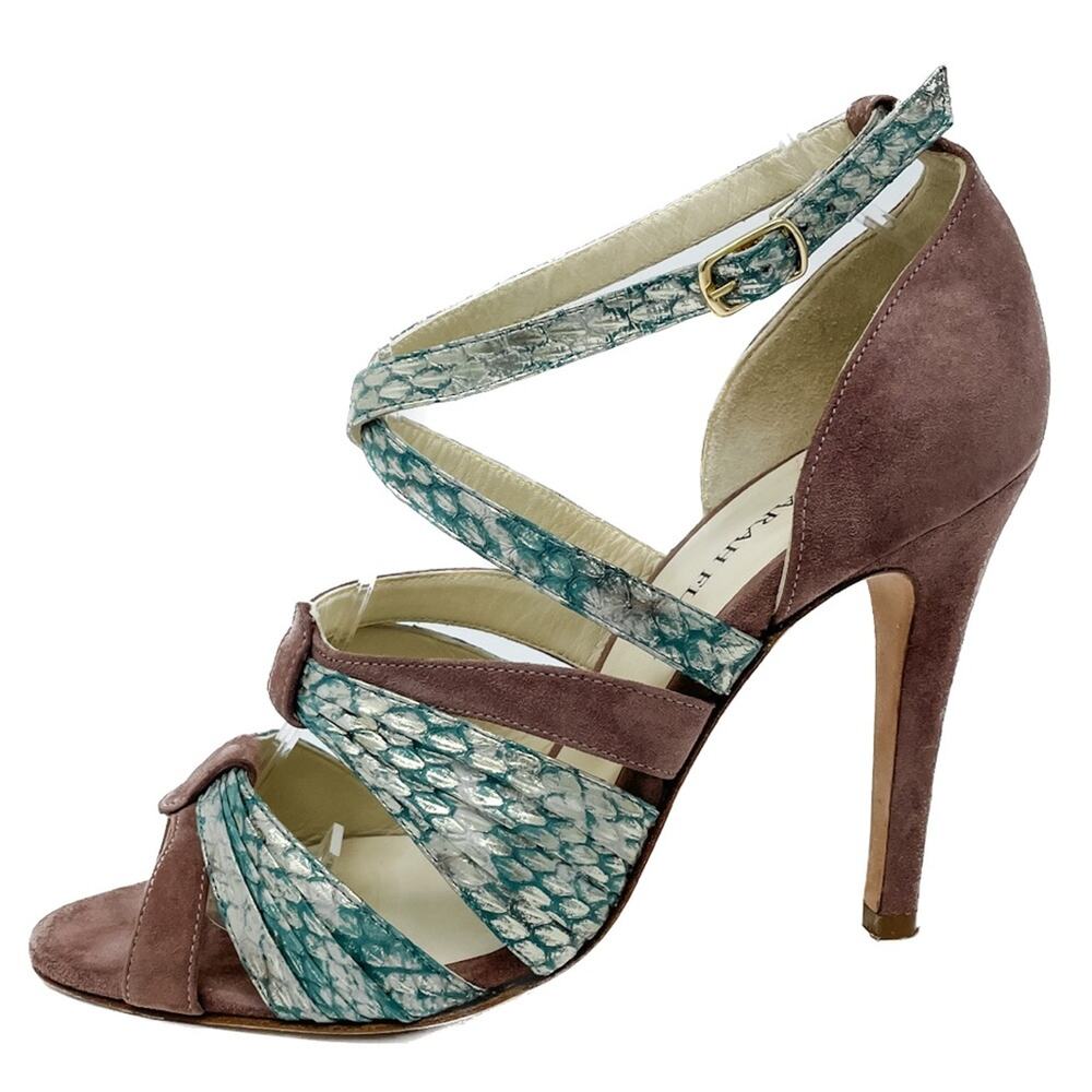 Sarah Flint Vilma Suede & Snakeskin Sandals aqua mauve gold size 37 US7